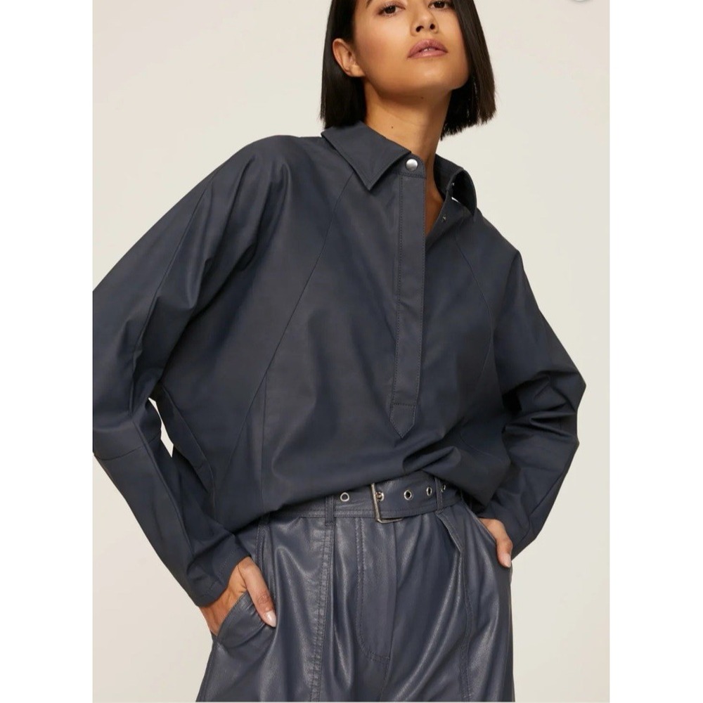 Marissa Webb Size XS Faux Leather L/S Popover Tunic Top Blouse Dolman Slate Gray